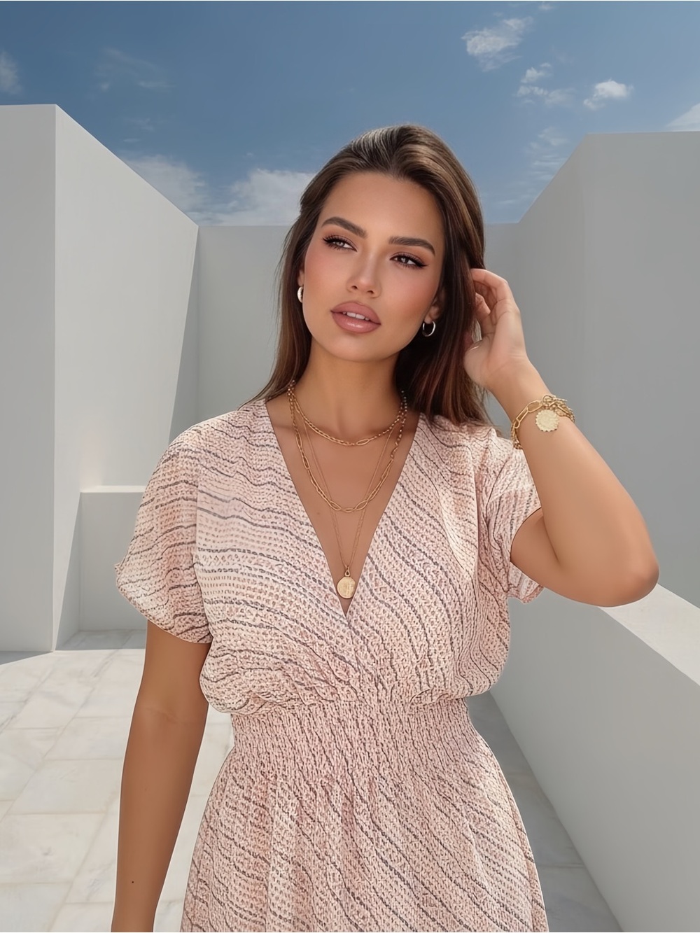 Zenobia Blush Pink Textured Midi Dress